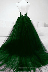 Dark Green Tulle With Lace Deep Neckline Backless Semi Formal Prom Dress, Dark Green Party Dress